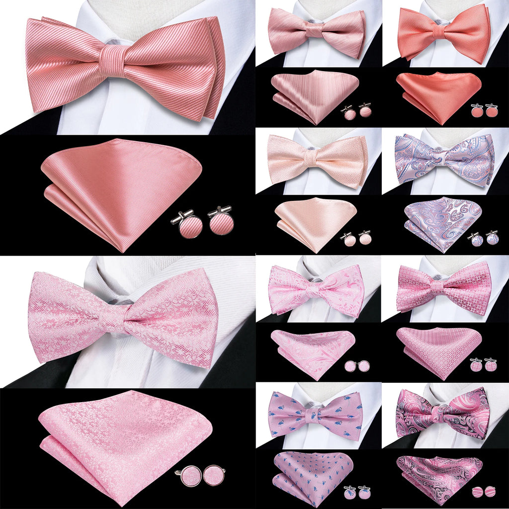 Peach Pink Salmon Rose Mens Bow Tie Pocket Square Cufflinks Pre-tied Qme