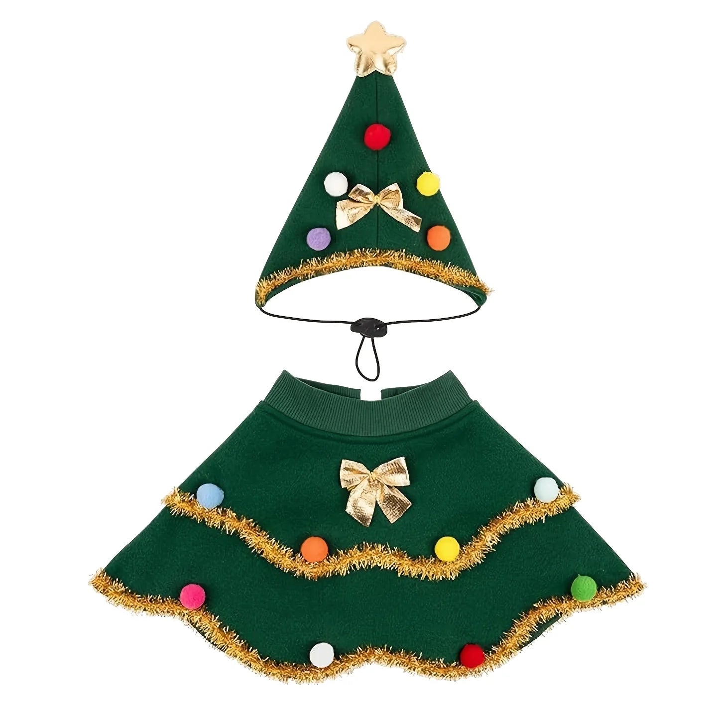 Pet cat and dog Christmas cloak with hat, stars and fluffy balls, suitable for small and medium-sized dogs during Christmas Qme green S