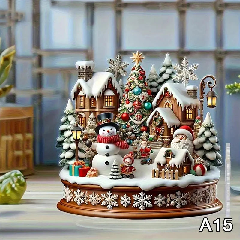 2D Flat Acrylic Christmas Desk Decor Base Snowman House Rotating