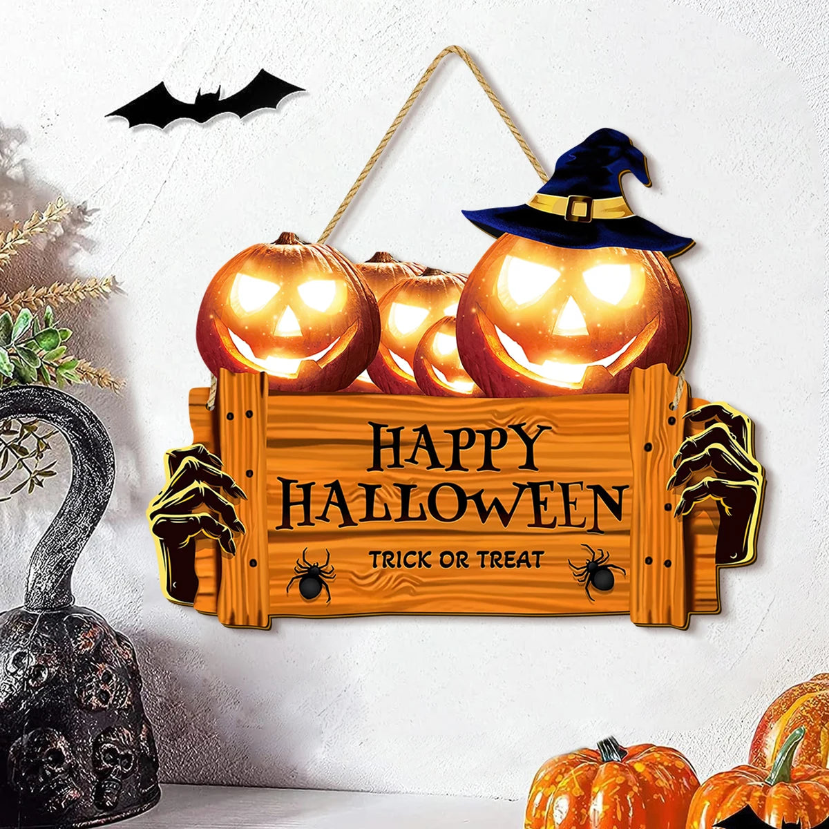Halloween Wooden Wall Hanging Sign - "Happy Halloween Trick or Treat" Jack Pumpkin Skeleton Hand Decoration, Halloween decorate Qme