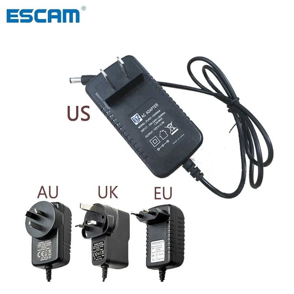 ESCAM AC100V-240V / DC12V 2A Output Power Adaptor 50/60HZ, Wall Charger DC 5.5mm x 2.1mm EU/AU/UK/US Plug for CCTV Camera free Qme