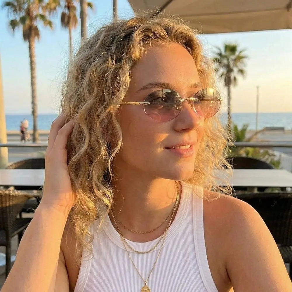 Trendy Vintage Frameless Sunglasses Metal Gradient Rimless Oval Sunglasses Small Frame Solid Color Fashion Shades Beachwear Qme