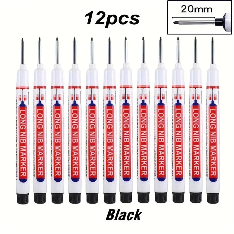 12Pcs/Set Multi-Purpose 20mm Deep Hole Long Nib Head Marker For Metal Perforating Pen Waterproof Bathroom Woodworking Decor Tool Qme 12PCS Black
