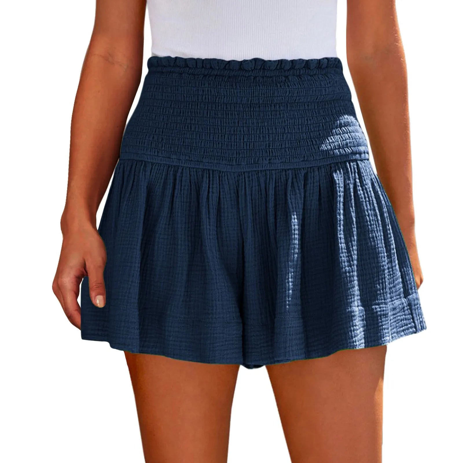 Ladies’ Large Sized High Waist Casual Soft Solid Color Breathable Fashion Wide Leg Shorts Summer Elastic Waist Pleated Trousers Qme Dark Blue L