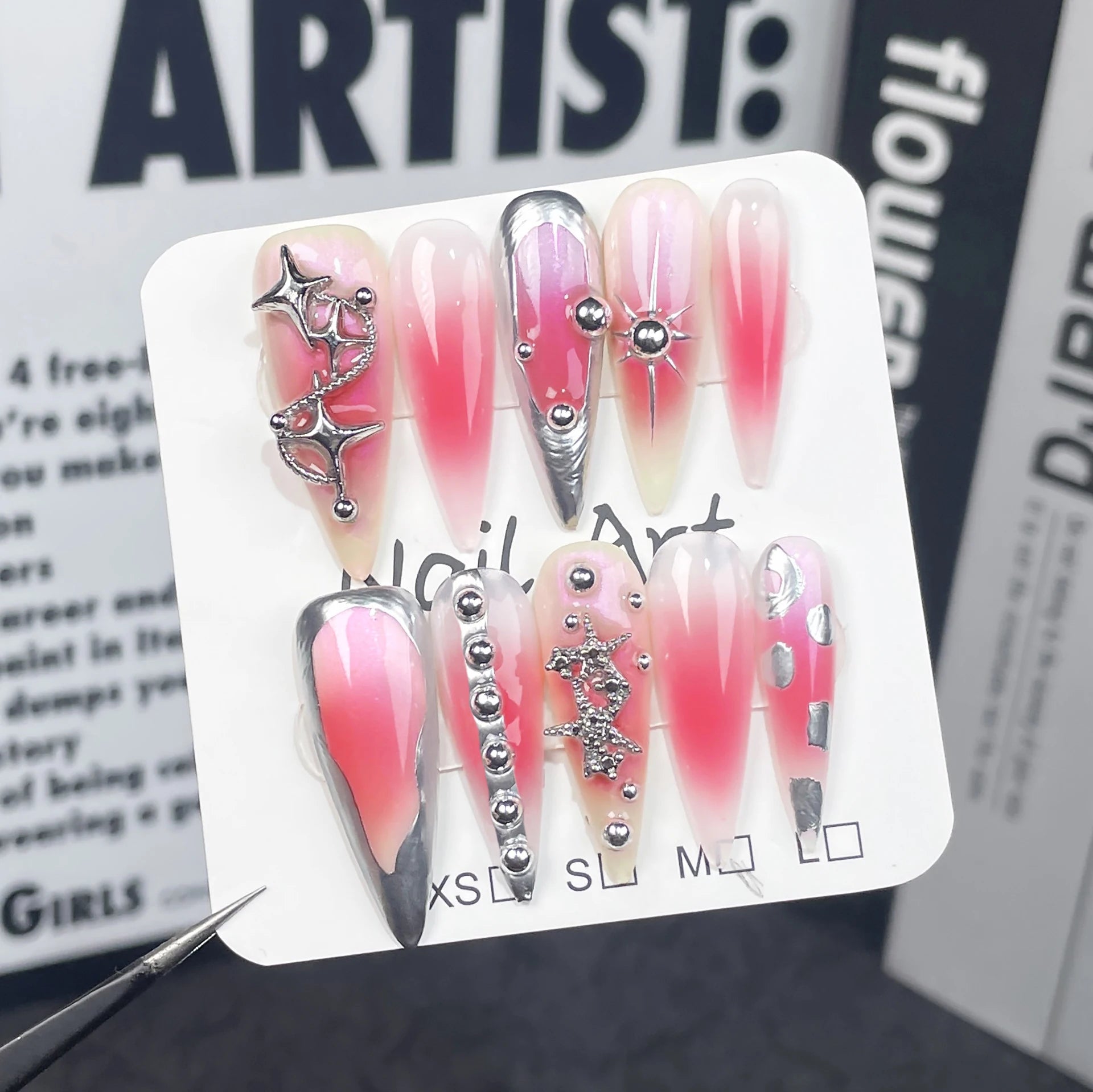 Y2K Cool Spice Girls Black Pink Long Tip Handmade Press Nails Cross Qme ZB31-M