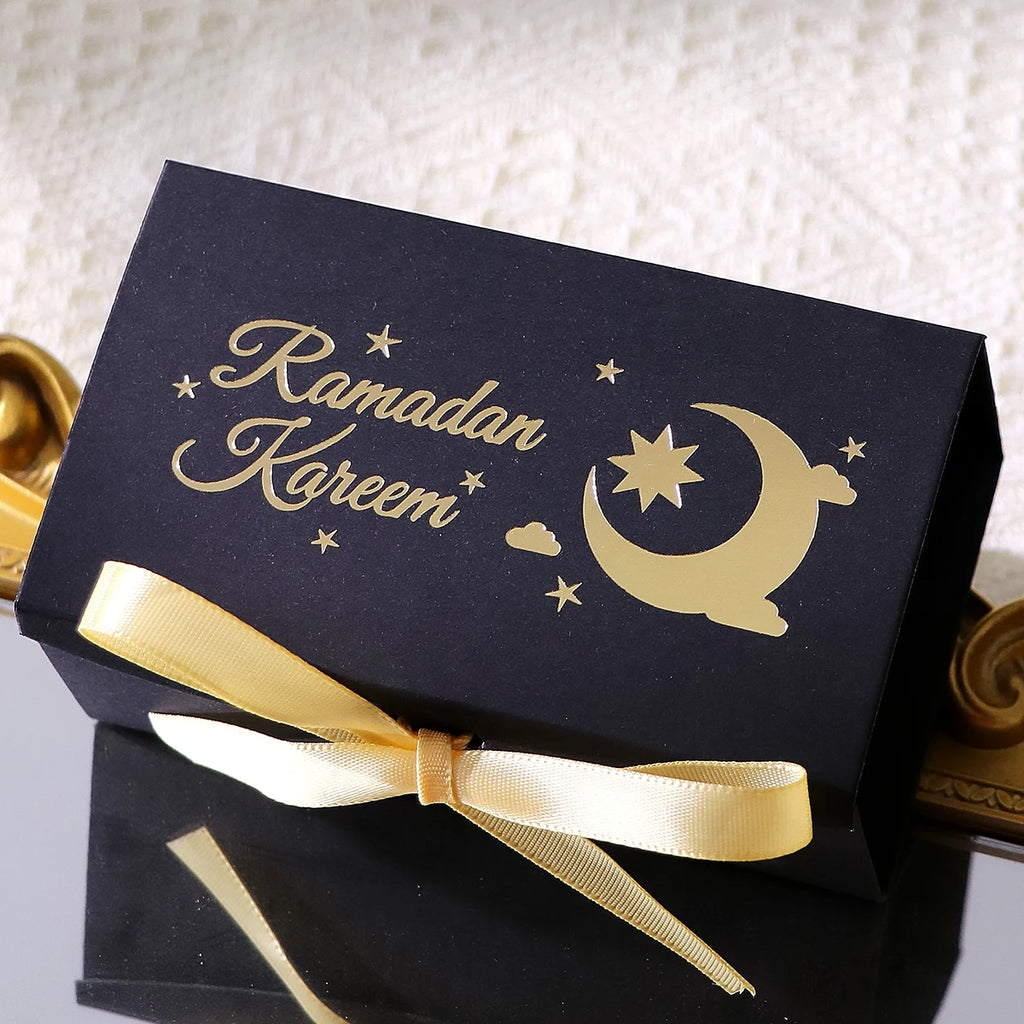 10 Rectangular Multi-Colored Gift Boxes with Gold Crescent and Planet Designs Printed on Them, Specifically Designed for Ramadan, and Adorned with Gold Ribbons — Perfect for Packaging Homemade Sweets, Premium Dates, and Sma Qme 10-Pcs-Black Other Other