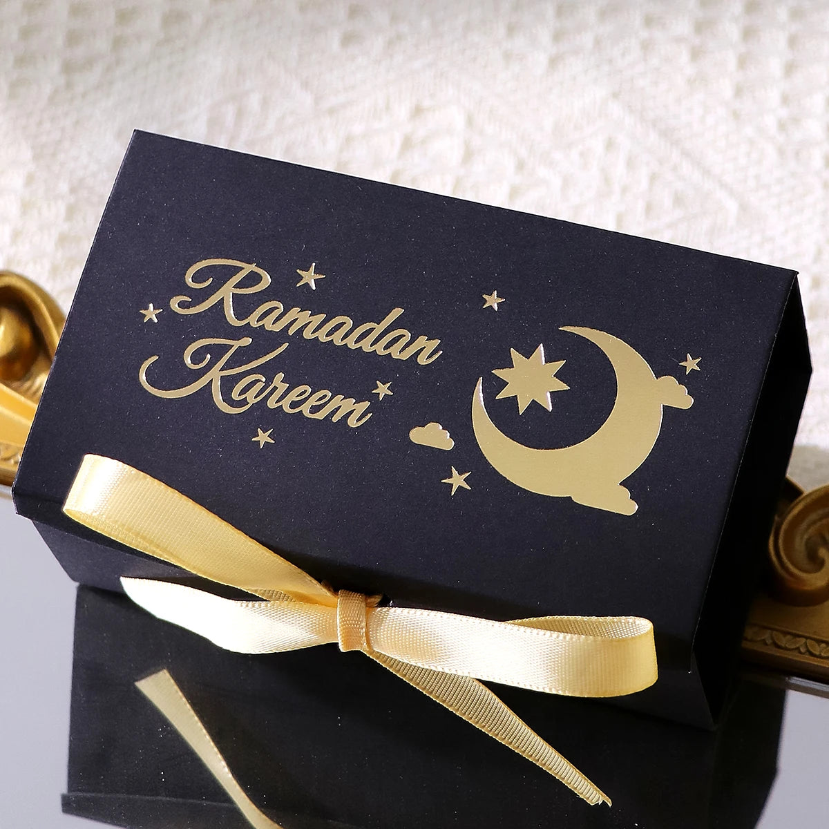 10 Rectangular Multi-Colored Gift Boxes with Gold Crescent and Planet Designs Printed on Them, Specifically Designed for Ramadan, and Adorned with Gold Ribbons — Perfect for Packaging Homemade Sweets, Premium Dates, and Sma Qme 10-Pcs-Black Other Other
