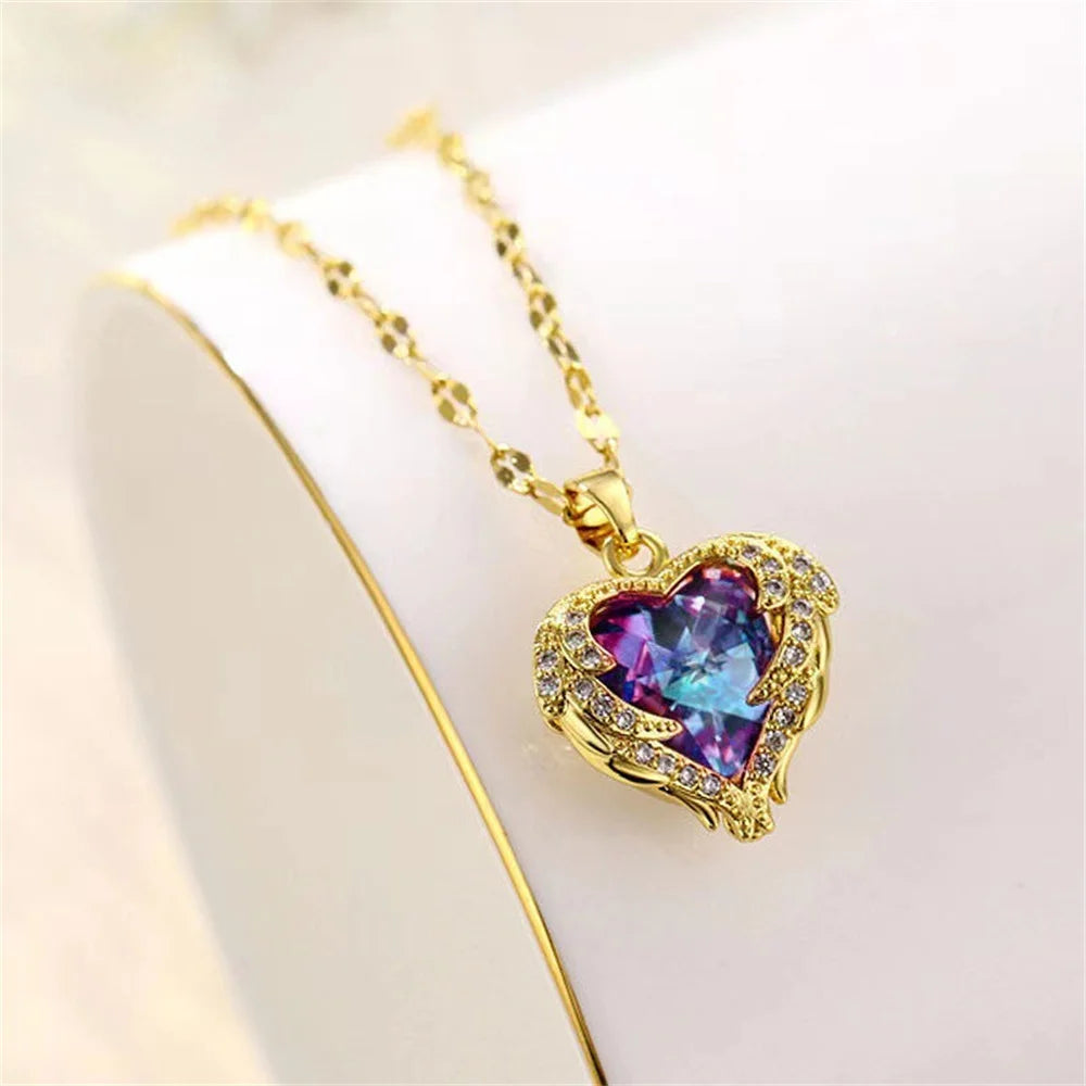 Light Luxury Blue Purple Sparkling Crystal Ocean Heart Necklace for Women Colorfast Collarbone Chain Jewelry Qme Gold-color 50cm VIOLET