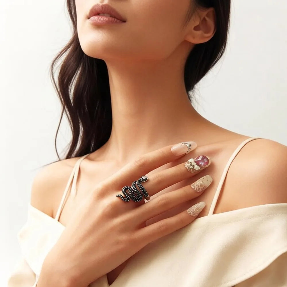 Open-end Black Snake Pave Ring,Europe Style Glam Fine Jewerly For Women Gift In 925 Sterling Silver Qme