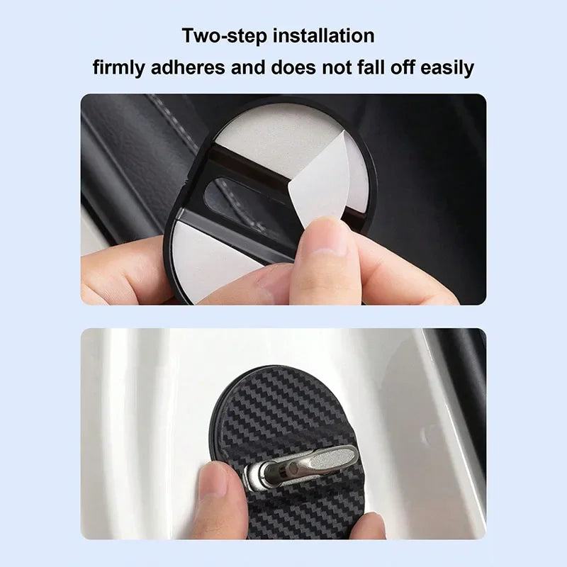 4Pcs Carbon Fiber Door Lock Covers – Universal Shock-Absorbing, Noise-Reducing, Rainproof, Easy Peel & Stick Fit for Sedans/SUVs Qme