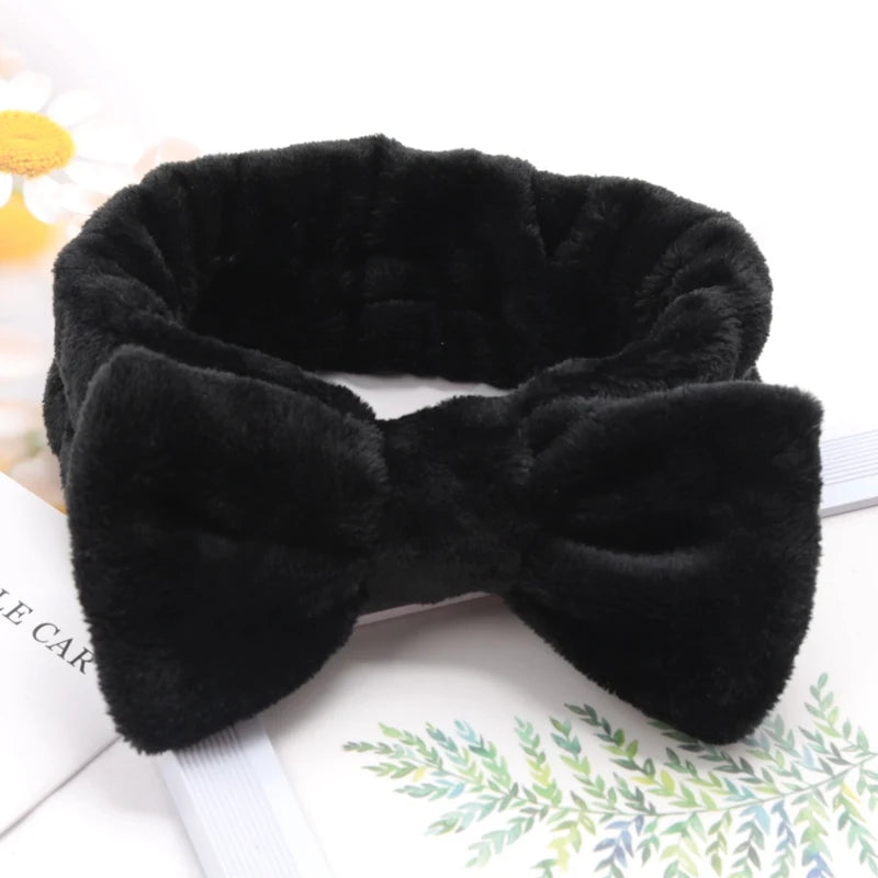 Soft Bow Headbands SPA Yoga Big Solid Coral Fleece Elastic Hair Bands Qme black