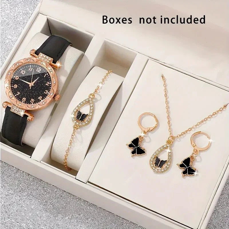 5PCS/Set Luxury Women Watches Rhinestone Fashion Elegant Wristwatch Quartz Watch Ladies Clock For Girl Gift Qme black