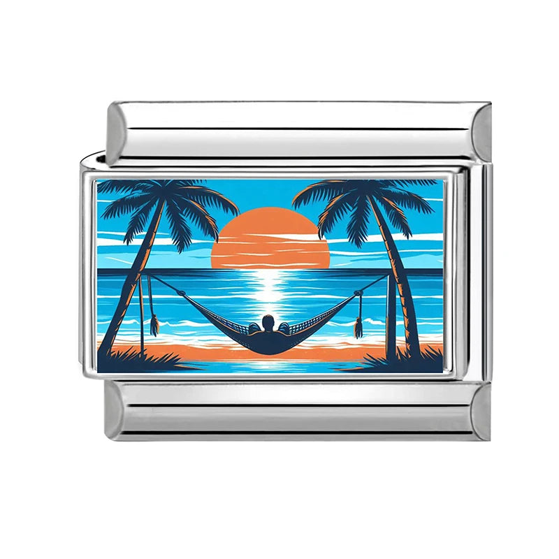 Fashion Colorful Scenery Boat Swan Lake Snow Mountain Charm Italian Link 9mm Bracelets Bangle Stainless Steel DIY Making Jewelry Qme Style 41