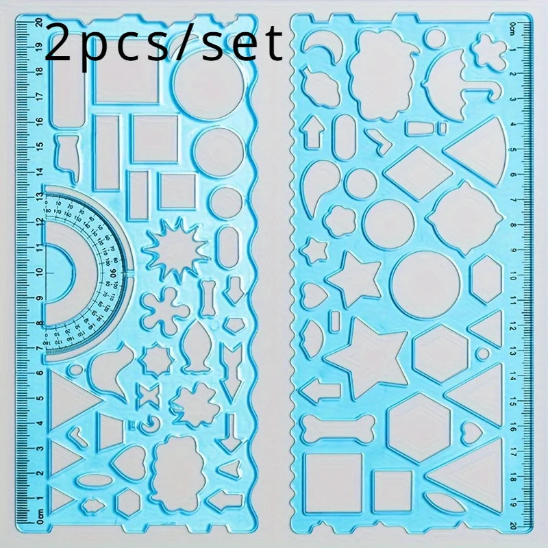 2pcs/set Multifunctional Geometric Ruler for Drawing and Crafting - Flower, Semicircle, and Geometric Patterns - Fun Qme Blue