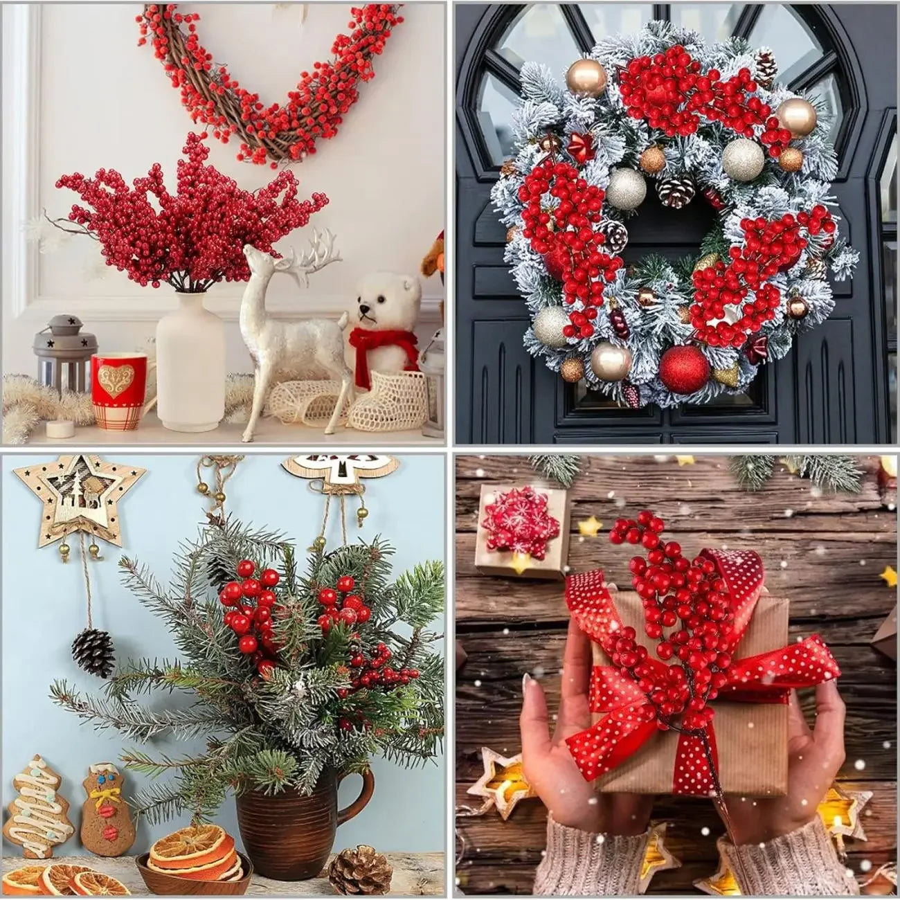 Artificial Berries Branches Christmas Red Holly Berry Stem DIY Flowers Simulation Plant Xmas Tree New Year Party Decor Ornaments Qme