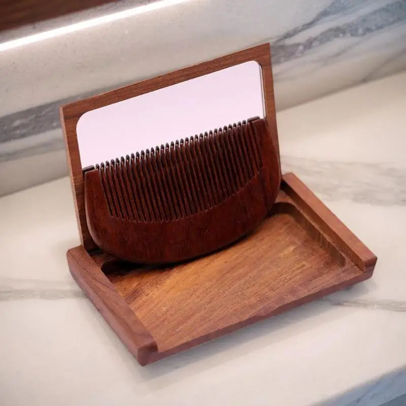 2-in-1 Wooden Comb Mirror Compact Red Sandalwood Folding Travel Home Qme
