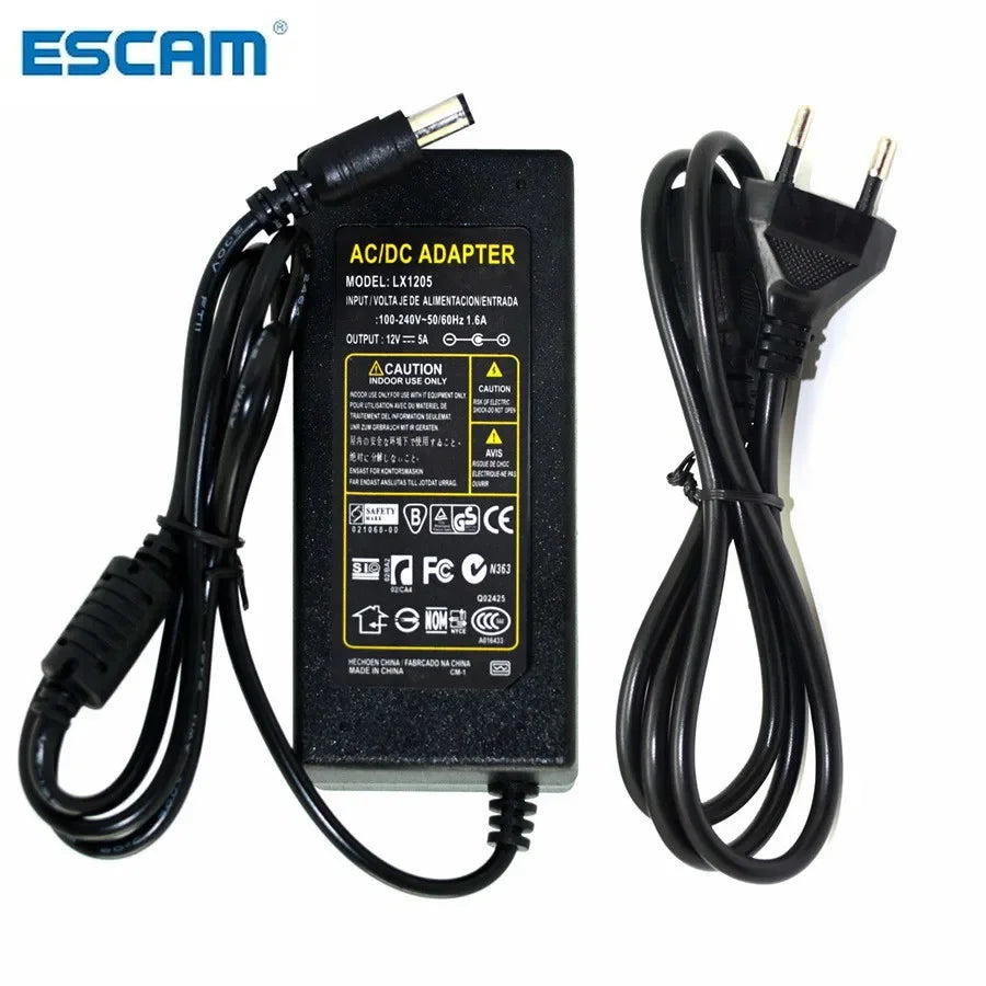 ESCAM DC 12V 5A 60W Power Adapter Transformer Switch AC100-240V to DC12V Power Supply for CCTV Camera Security System Qme