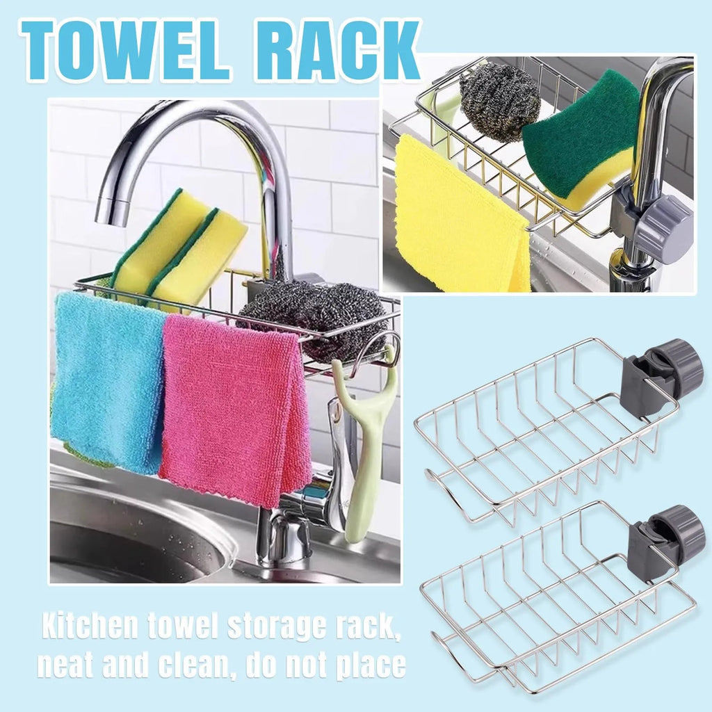 Faucet Stainless Steel No-punch Adjustable Kitchen Sink Drains Rack Towel Rag Holder Bathroom Small Durable Storage Shelves Qme