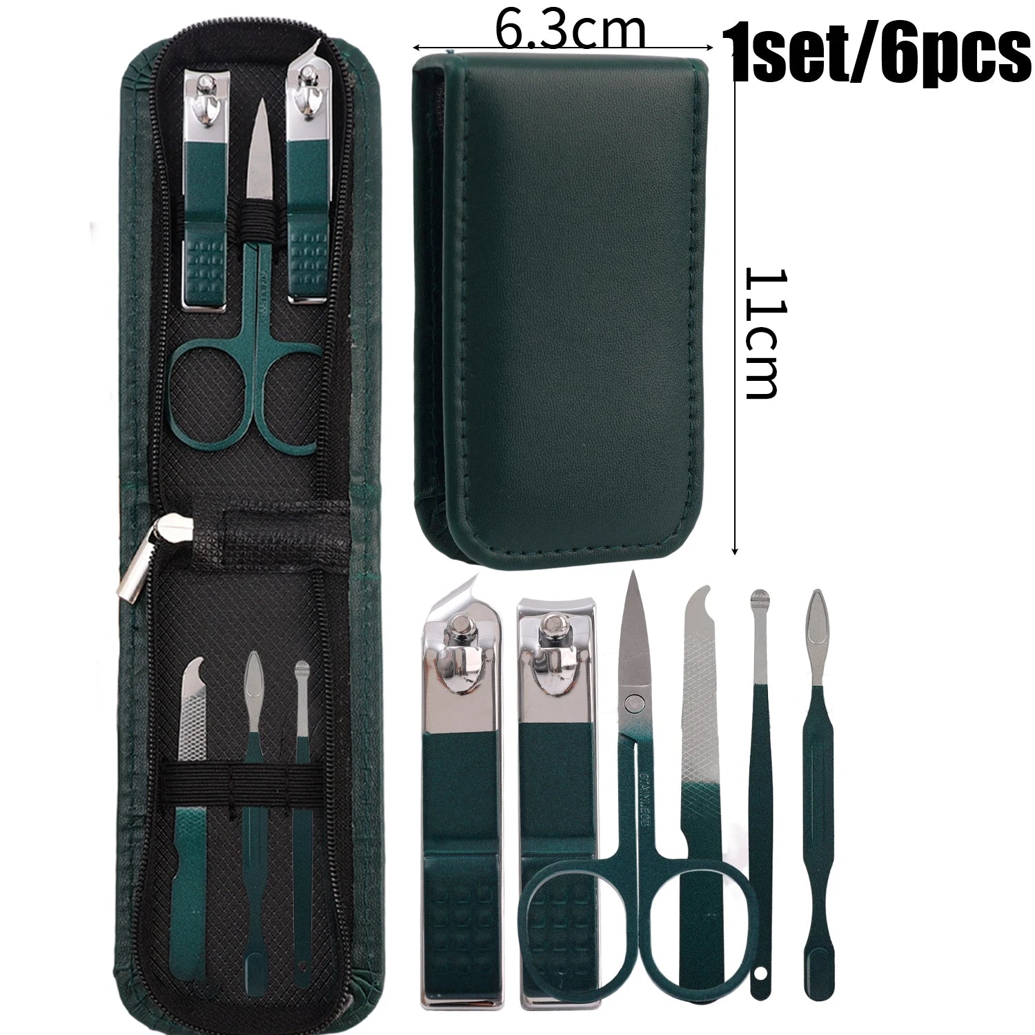 Green Black Stainless Steel Manicure Portable Nail Clippers File Qme 6Pcs Green