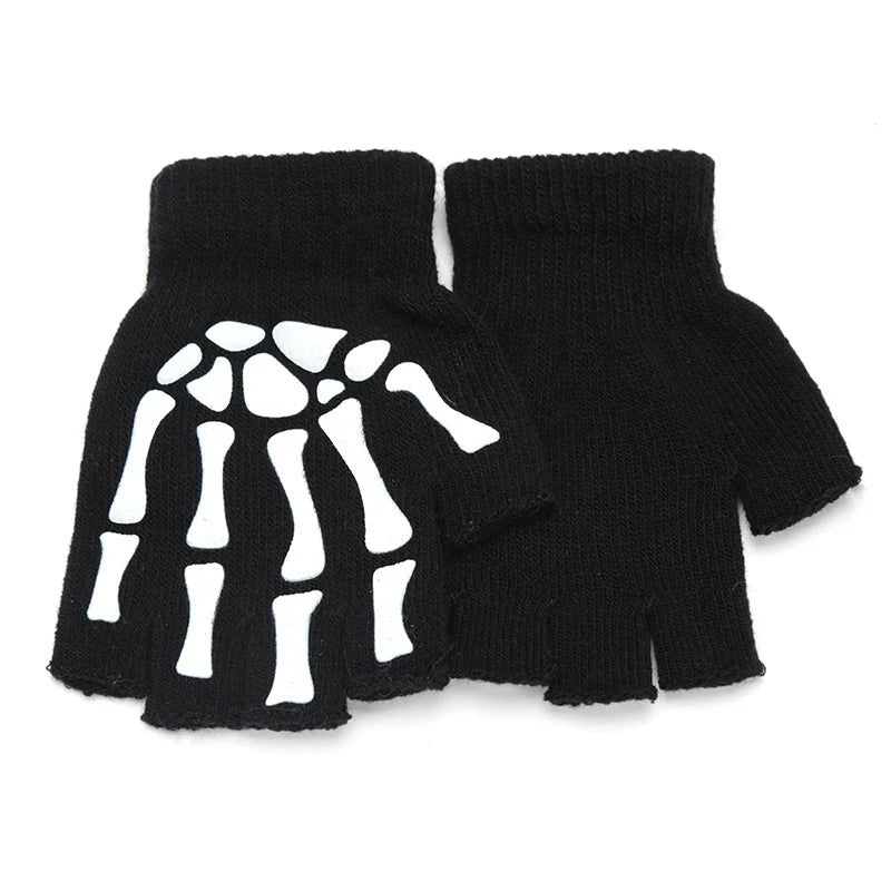 Skull Punk Gloves Black Neutral Half Finger Ghost Claw Knitted Qme