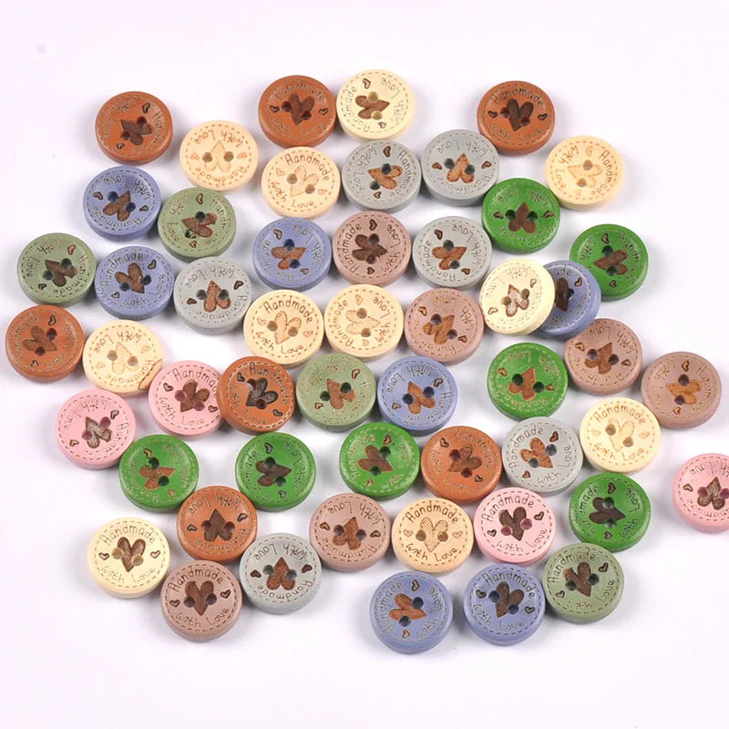 50pcs 15mm Random Mixed 2holes Flatback Wood Buttons For Sewing Clothing Accessories Handmade Materials DIY Crafts Decor c4145 Qme