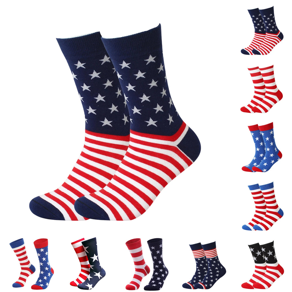 Men's American Independence Day Theme Mid-length Socks Color Blocked Striped Casual and Versatile Elastic Cotton Middle Socks Qme