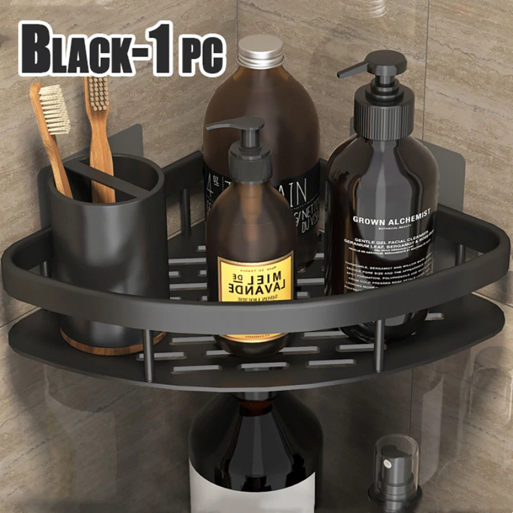 High Quality Wall Mounted Rectangular Rack Bathroom Storage Rack Towel Rack Wall Shower Shampoo Rack Drill Free Rack Tripod Qme Black-A-1PCS