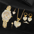 Women's Quartz Watch Gold Luxury Women Ring Necklace Earring Rhinestone Fashion Wristwatch Casual Ladies Watches Jewelry Set Qme Gold