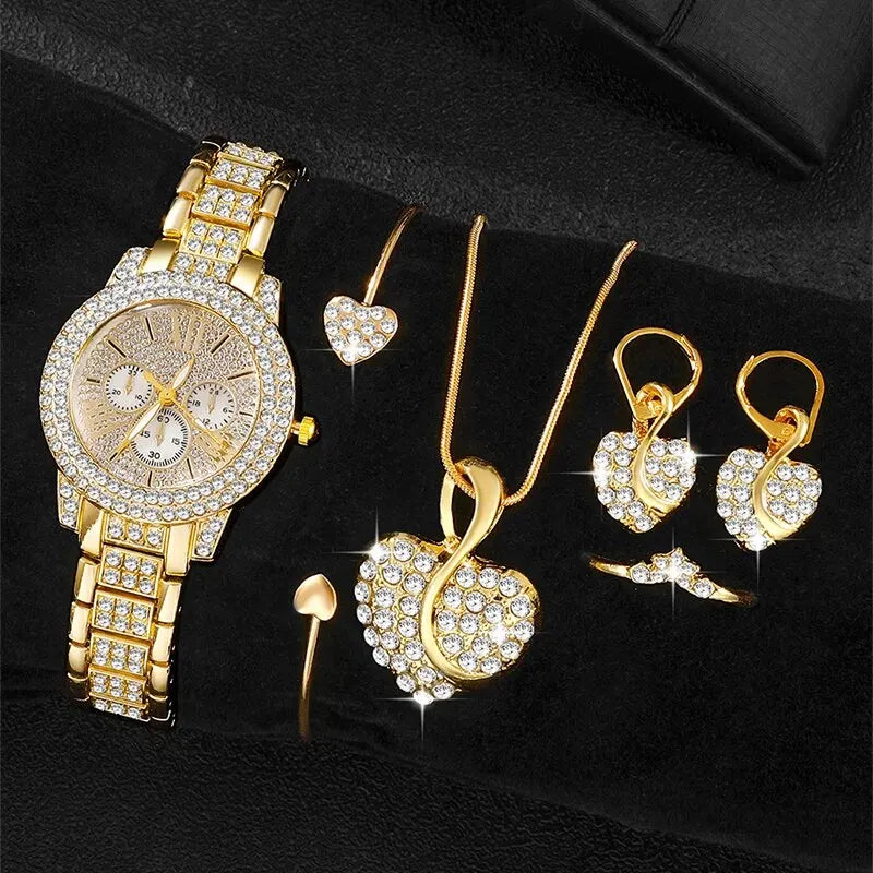 Women's Quartz Watch Gold Luxury Women Ring Necklace Earring Rhinestone Fashion Wristwatch Casual Ladies Watches Jewelry Set Qme Gold