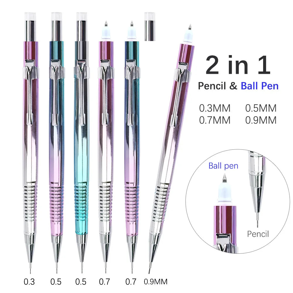 2-in-1 Double Tips Ballpoint Pen And Mechanical Pencils 0.3/0.5/0.7/0.9mm,1 Refills,1 Eraser,for Artist Drawing, Sketching Qme