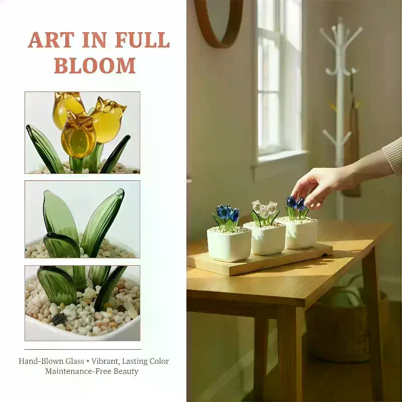 Magnetic Plant Glass Planter Hand Blown Glass Tulips Flower Pot, Everlasting Glass Flower for Home Decor, Elegant Gift for Women Qme