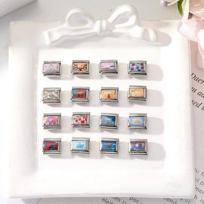 Fashion Pink Skyscraper City Scenery Fish Cat Vase House Italian Charm Link fit 9mm Stainless Steel Jewelry DIY Making Bracelets Qme