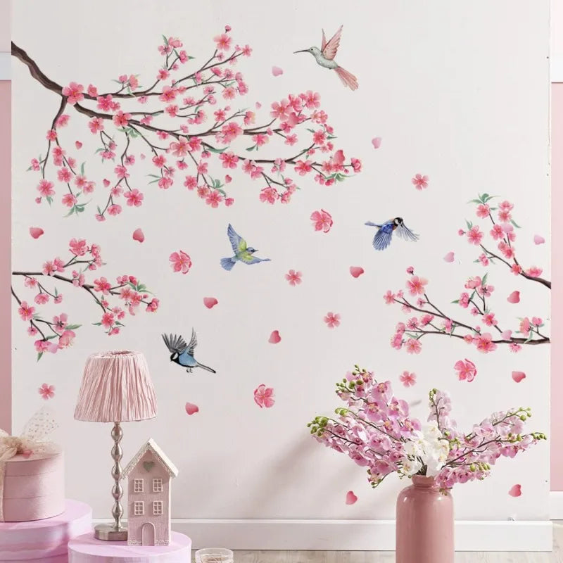 Large Cherry Blossom Wall Stickers Pink Flowers Tree Branch Birds Qme
