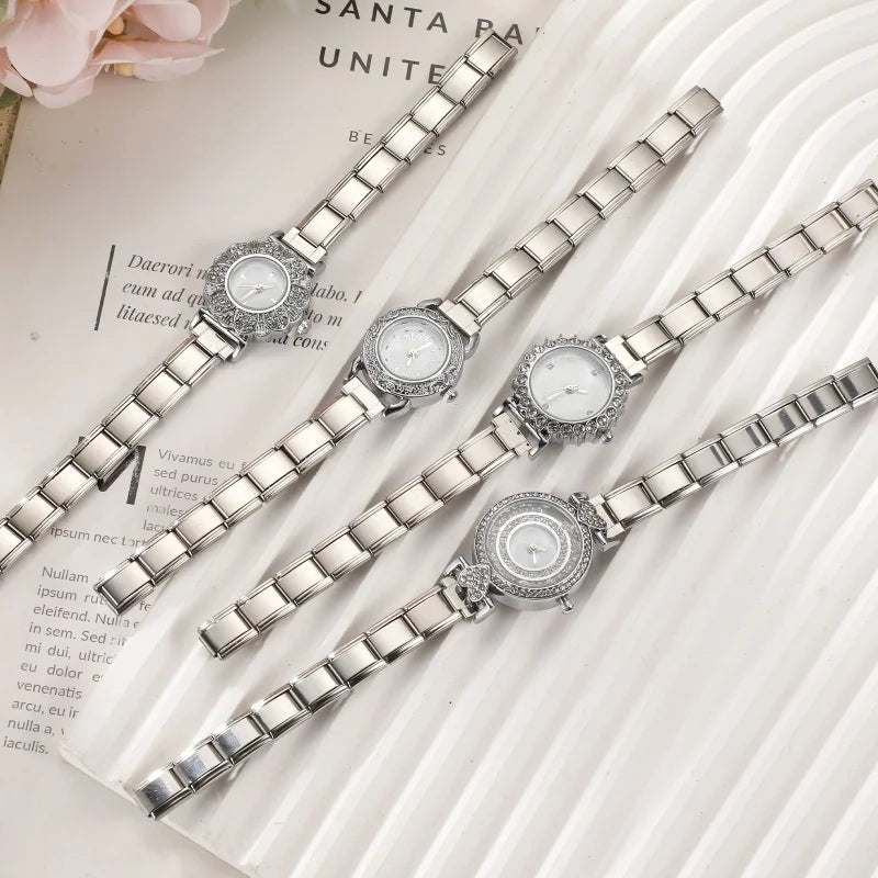 Fashion Women's Stainless Steel Round Shiny Zircon Watch DIY 9mm Width Bracelet Head For Party Friend Birthday DIY Jewelry Gift Qme