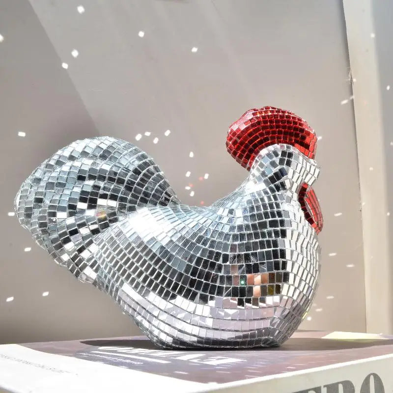 Creative Mirror Chicken Sculptures Statue Disco Ball RoosterShape Home Decor Ornaments Party Supplies Birthday Decorations Qme Silver
