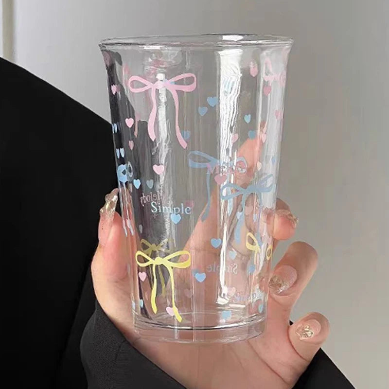 Bow Glass Cute Water Cup Cartoon Striped Doodle Coffee Mug Household Qme