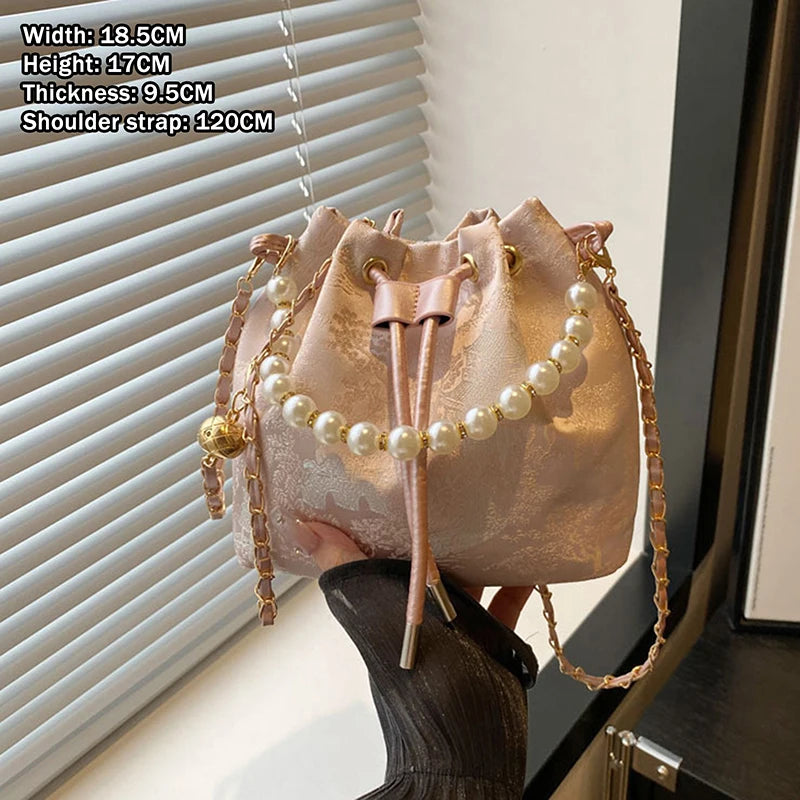 Pearl Chain Bucket Bag Women's Shoulder Bag Simple New Chinese Style Retro Crossbody Bag Qme Pink