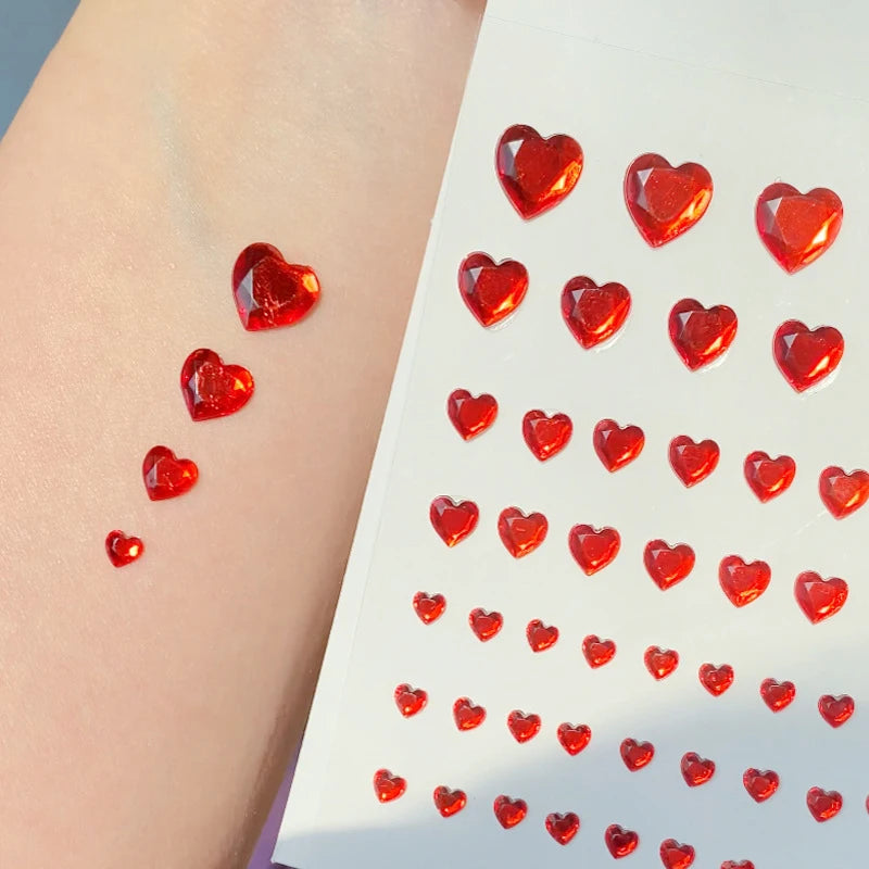 57Pcs/sheet Heart Rhinestone Face Jewels Stickers 3D Multicolor Self-Adhesive Gems For DIY Festival Party Eye & Face Makeup Deco Qme