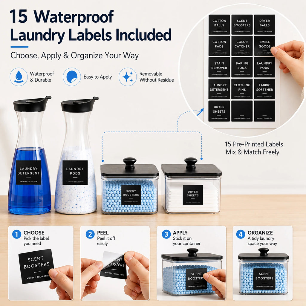 Laundry Organization Containers Set with Labels Empty Detergent Dispenser Bottles for Laundry Pods, Dryer Sheets Scent Boosters Qme