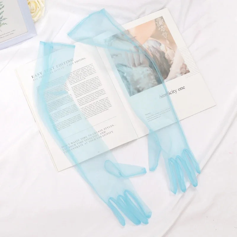 Women's Sexy Transparent Gloves Long Tulle Ultra Thin Full Finger Qme SKY BLUE 55cm