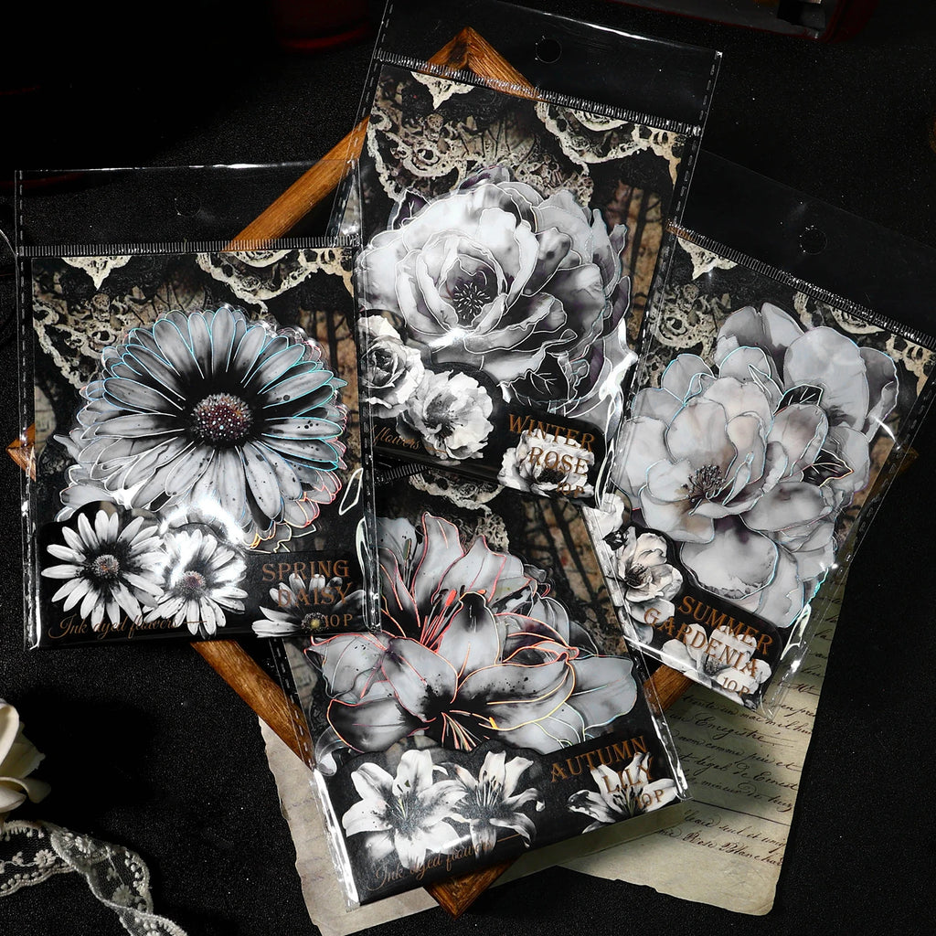 TIANZI 10pcs/pack Ink Dyed Flowers PET Stickers DIY Scrapbooking Materials Vintage Decorative Junk Journal Sticker Stationery Qme