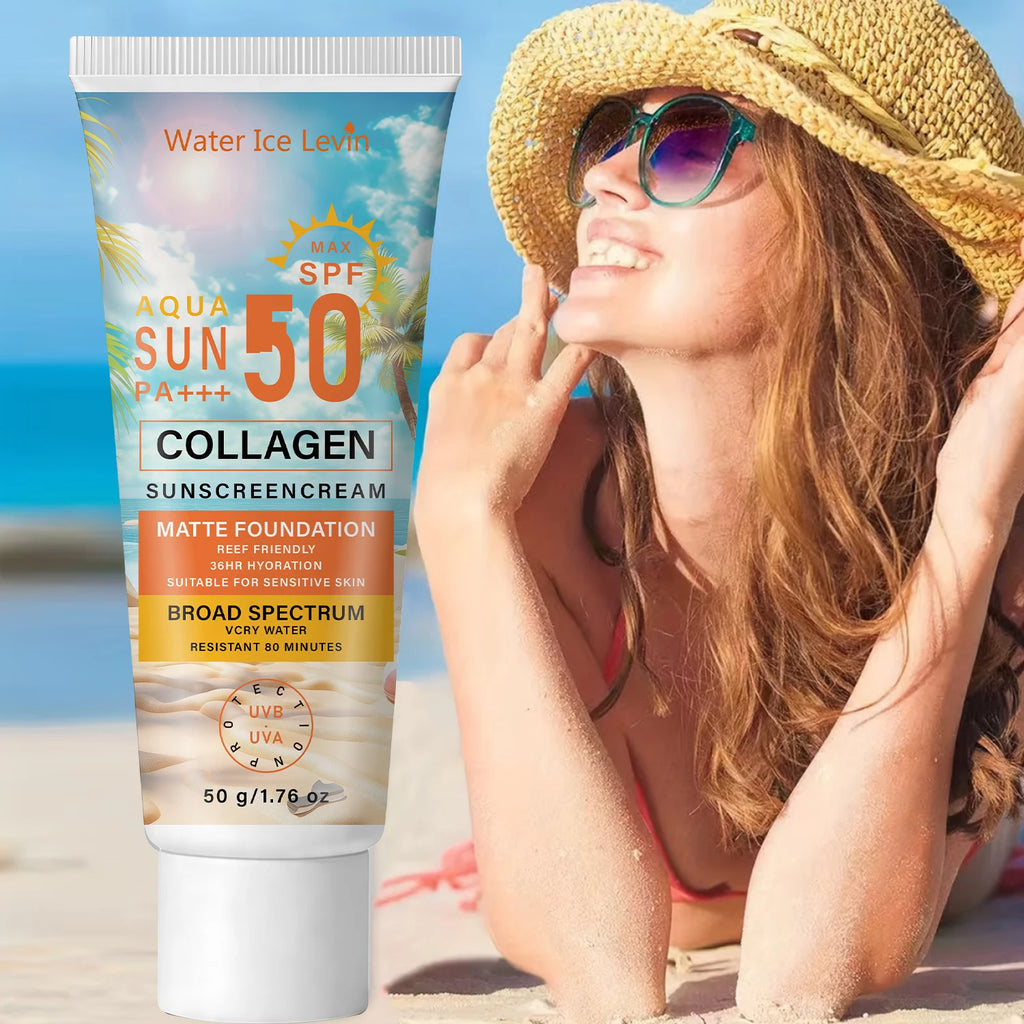 SPF50 PA+++ Sunscreen, 36HR Hydrating & Water Resistant Collagen Sun Care Qme
