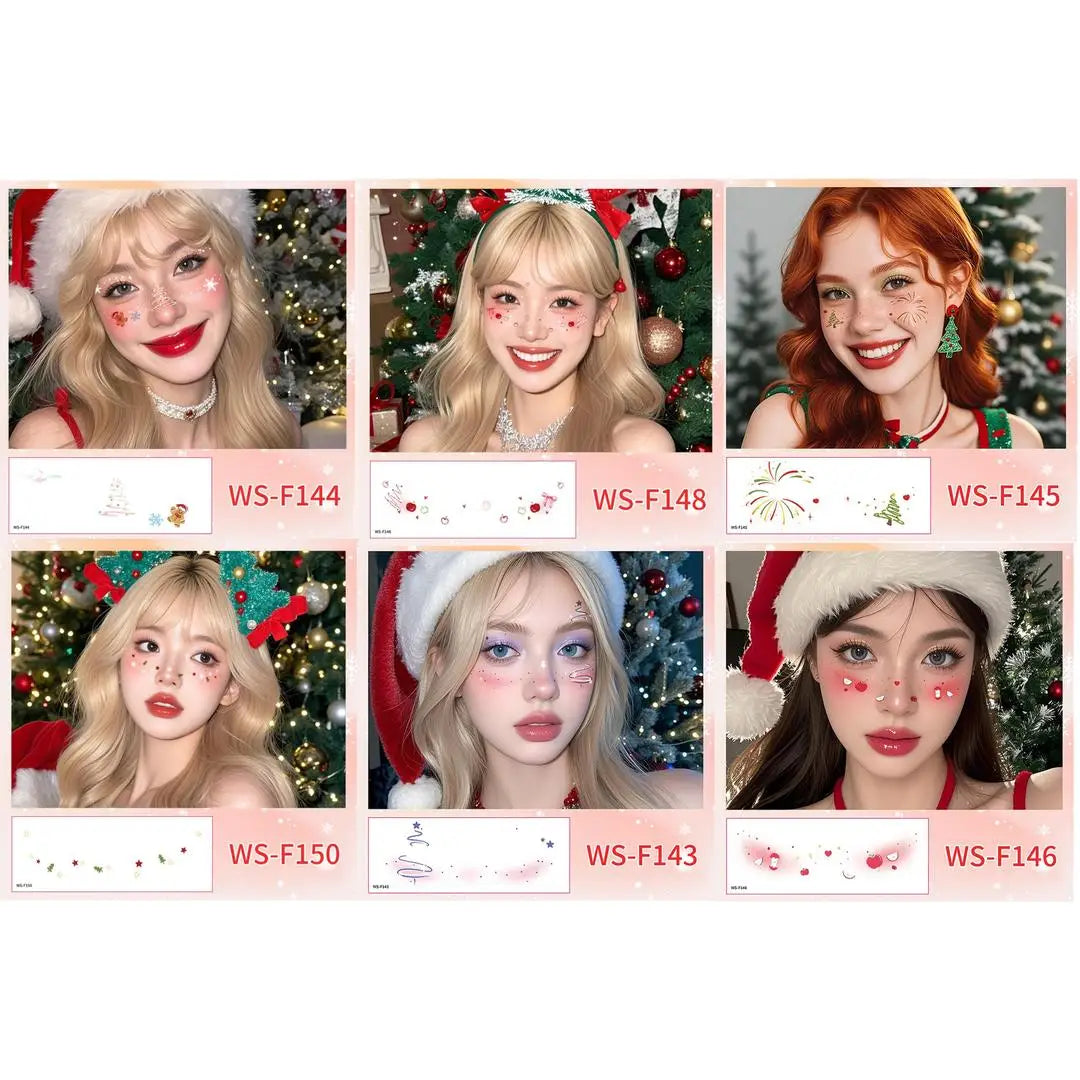 A New Stock Christmas Face Tattoo Stickers, Waterproof Sweatproof Creative Makeup Decals for Xmas Party Ball Event Cosplay Qme 6pcs WS-F143F148