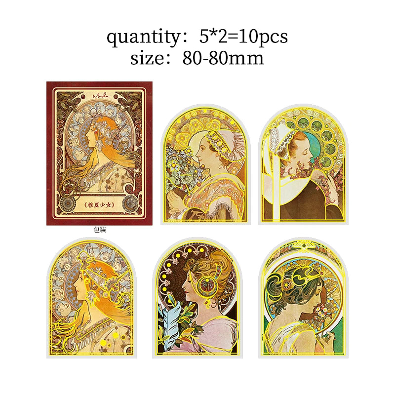 10 pcs/lot Mucha theme Stickers Diy Decorative Scrapbooking Diary Stick Labels Album hand made Collage material Qme E