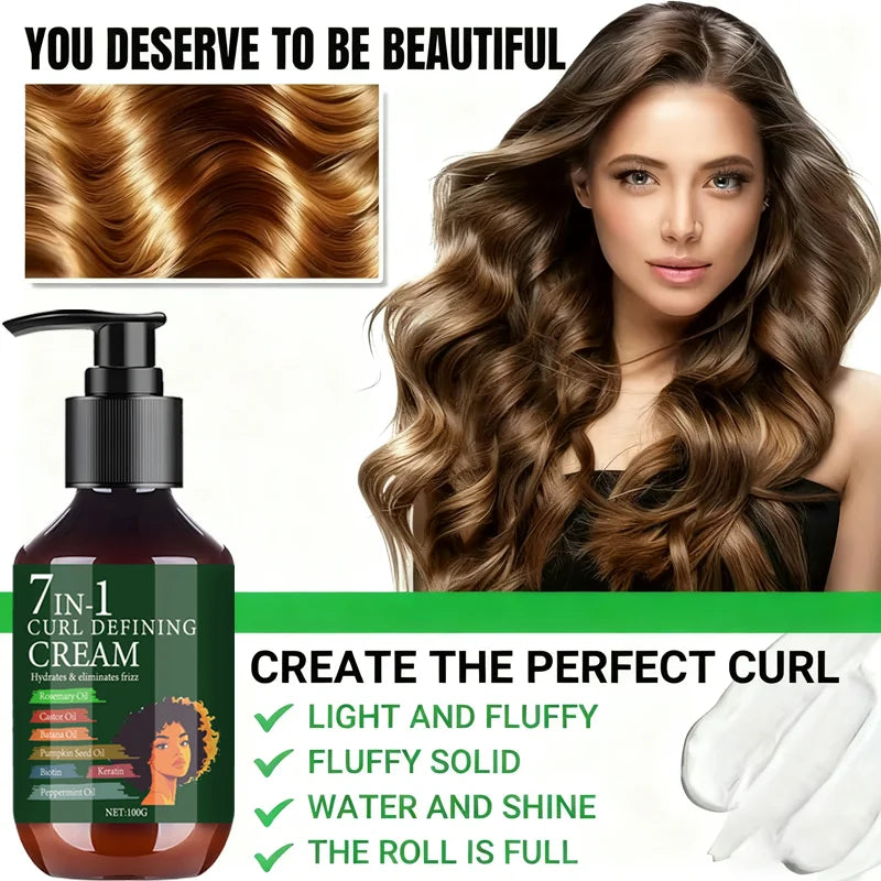 7-in-1 Curl Defining Cream with Rosemary & Castor Oil - Hydrates & Eliminates Frizz for Defined, Bouncy Curls Qme
