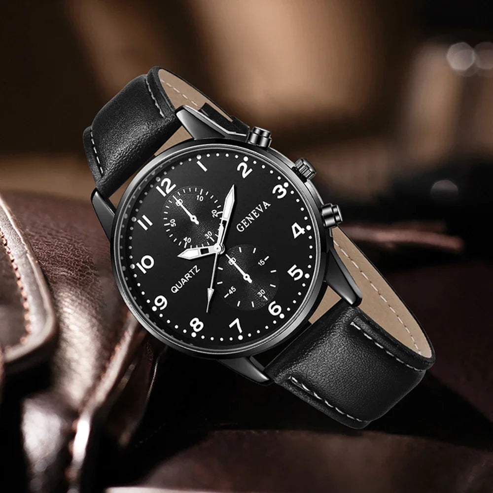 4PCS Black Men's Watch Set Business Fashion Quartz Watch Bracelet Necklace Earrings Ring Set Perfect Gift for Friends or Dad Qme