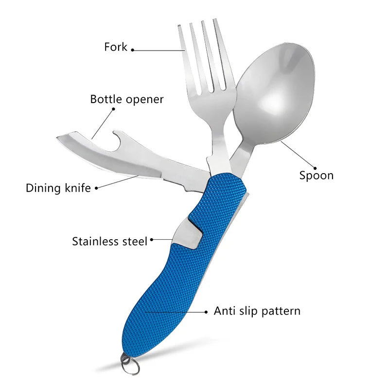 1 Tableware Foldable Stainless Steel Fork Spoon Knife Bottle Opener Qme