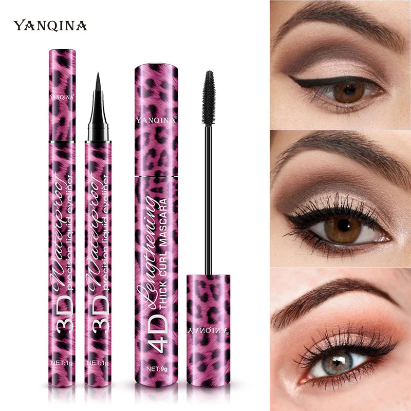 4D Waterproof Mascara & Liquid Eyeliner Set Thick Curling Eye Makeup Cosmetic Kit For Beginners Qme