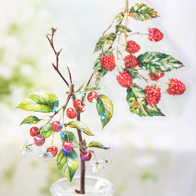 20 Sheets/Bag PET Shell Light Stickers Plant Fruit Pattern Sticker For Hand-Collage Material DIY Greeting Card Cup Decoration Qme