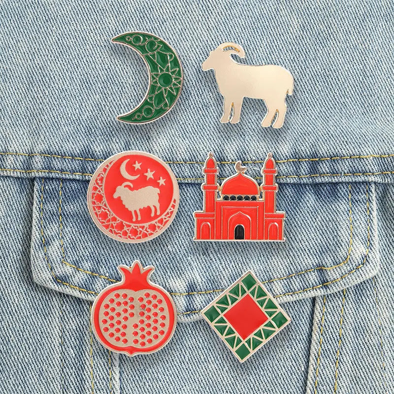 Arabic Muslim Eid Decor Brooch Metal Enamel Lapel Pin Moon Sheep Mosque Pomegranate Pattern Ramadan Festival Gift Badge Qme